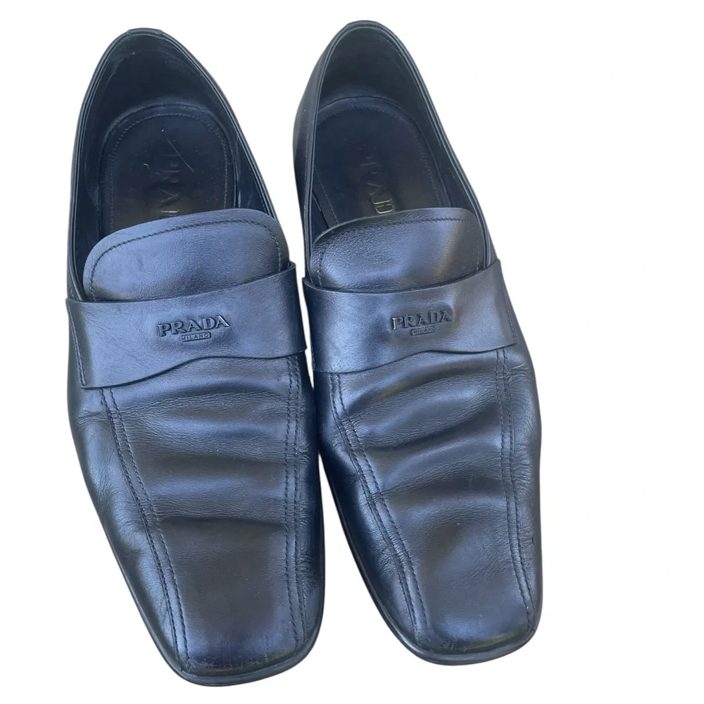 LUXURY‎ PRADA LOGO BUSINESS SHOES 4D2793 BLACK LEATHER, Size 9, EUC, W/COA
